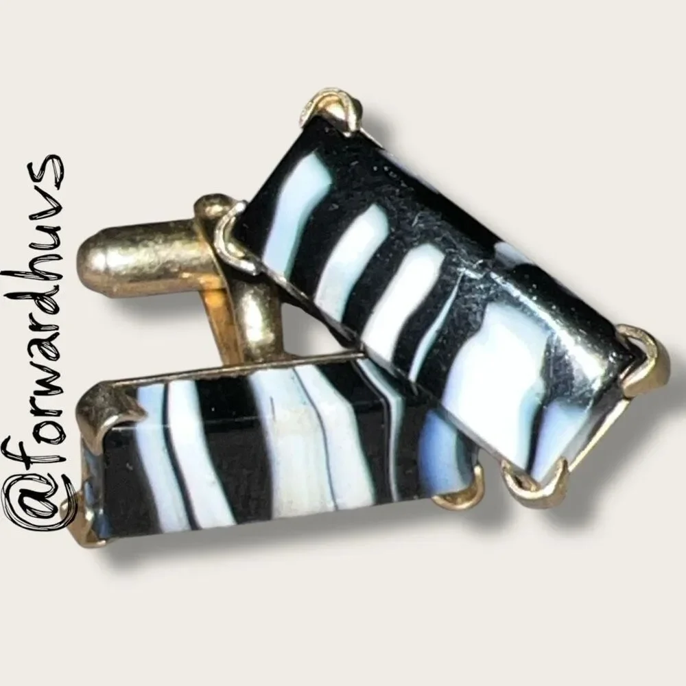 Gold Tone Cufflinks – 3/4” Black and White Stripes